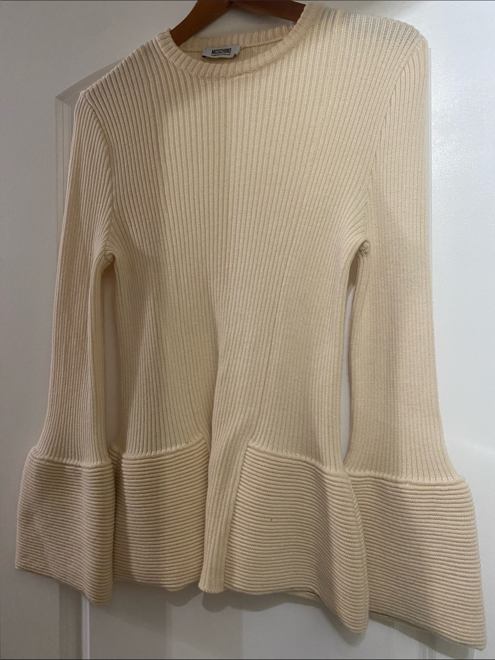 Moschino Cream Ribbed Flared-Hem Crewneck Sweater